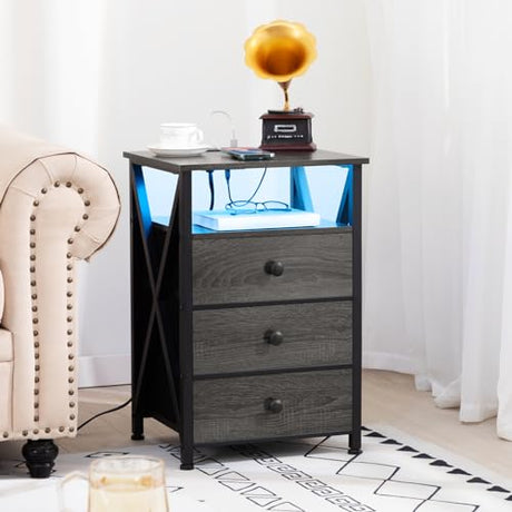 AMHANCIBLE Night Stand Set 2, LED Nightstand with Charging Station, End Side Tables with USB Port & Outlet, Bedside Table with Fabric Drawers for Bedroom Living Room, Dark Grey, HET053LDG AMHANCIBLE