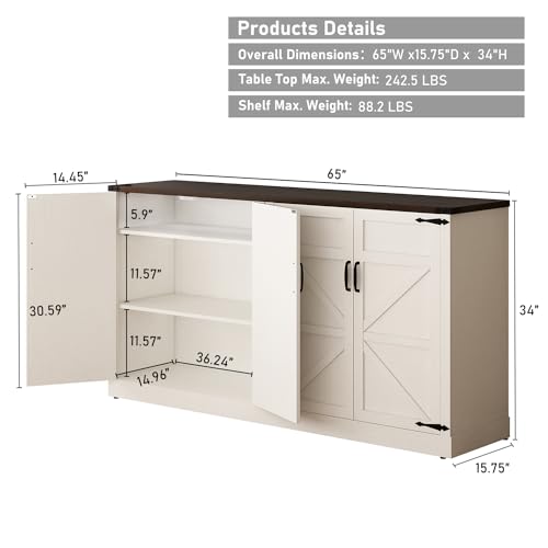 Sideboard Buffet Cabinet with Storage - 65 Inch Farmhouse Kitchen Sideboard Cabinets with Adjustable Shelves, Wooden Coffee Bar Storage Cabinet Buffet Table for Kitchen, Dining Room, White chartustriable