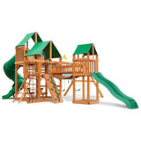 Gorilla Playsets 01-1021-AP-1 Treasure Trove I Wood Swing Set with Green Vinyl Canopy, 2 Slides, and Clatter Bridge Gorilla Playsets