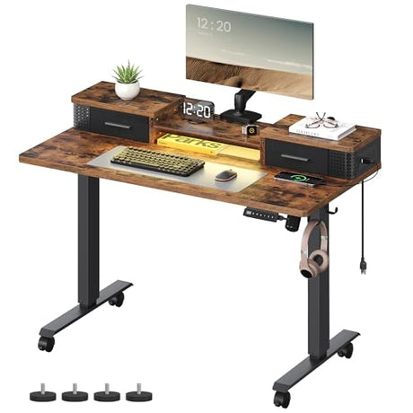 VASAGLE Electric Standing Desk with Drawers, 47.2 x 23.6 Inches, Sit Stand Desk with Power Outlet and LED Lights, Adjustable Height, Storage Shelf, 3 Memory Buttons, for Home Office, Rustic Brown VASAGLE