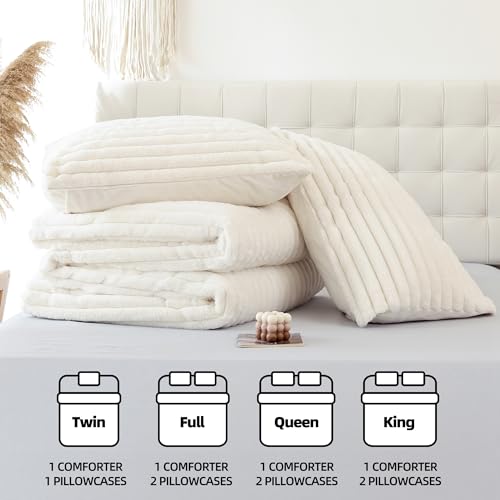 Smoofy Fluffy Twin Comforter Sets 2 Pieces - Cream White Fleece Fluffy Comforter Set, Luxury Fuzzy Twin Bedding Set, Soft Warm Comforter All Season, Heavy Faux Fur Comforter with Pillow Cases Smoofy