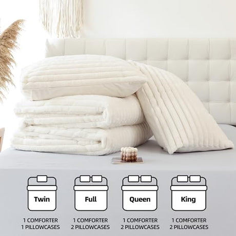 Smoofy Fluffy Twin Comforter Sets 2 Pieces - Cream White Fleece Fluffy Comforter Set, Luxury Fuzzy Twin Bedding Set, Soft Warm Comforter All Season, Heavy Faux Fur Comforter with Pillow Cases Smoofy
