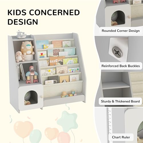 Montessori-Inspired 5-Tier Sling Bookshelf and Toy Storage for Kids - Grey Wooden Display Rack Generic