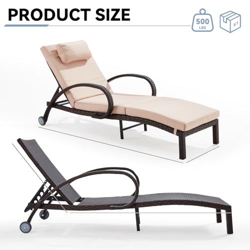 Lanonuvia Pool Outdoor Lounge Chairs Set of 2,Outdoor Chaise Lounge w/ 5 Adjustable Back,Wicker Patio Pool Lounge Chair with Wheels for Poolside Deck Lawn,Khaki