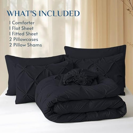 JOLLYVOGUE Full Size Comforter Sets 7 Pieces - Bed in a Bag Full for All Season, Pintuck Bedding Comforter Sets with Comforter, Flat Sheet, Fitted Sheet and Pillowcases & Shams, Black JOLLYVOGUE