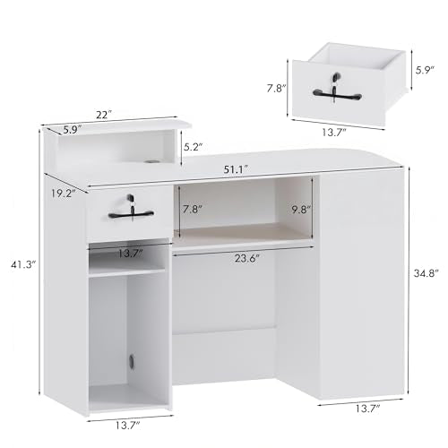 Kikihouse Modern Reception Desk & DIY Metal Strips, Front Desk with LED Light and Hidden Power Outlet, Reception Counter Table for Checkout, Office, Lobby, Nail Salon Spa (White) Kikihouse