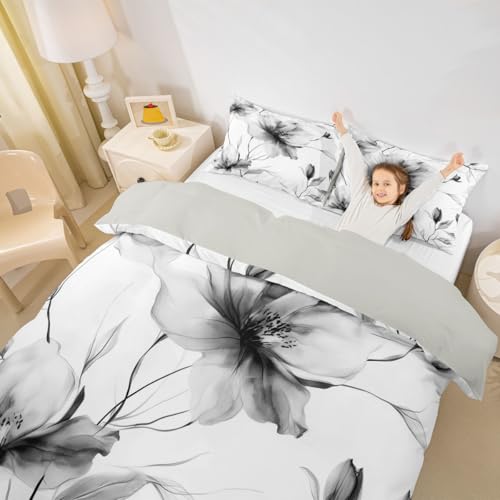 Erosebridal Black and White Flower Bedding Set Full, Boho Flower Duvet Cover for Women Men Adults Teens Bedroom, Artistic Watercolor Floral Comforter Cover, Ink Painting Style Blossom & Leaf Bed Set Erosebridal