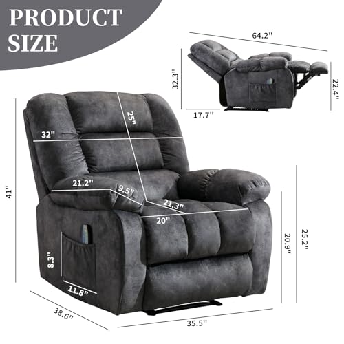 IOMOR Massage Recliner Chair with Heat and Massage, Ergonomic Overstuffed Breathable Fabric Reclining Chairs, Single Sofa Chair with Side Pockets for Living Room Home Theater (D-Gray) IOMOR