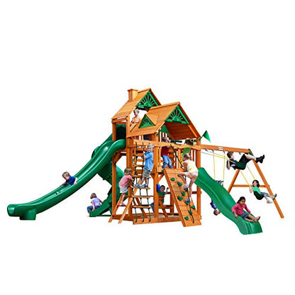 Gorilla Playsets 01-0031-AP Great Skye II Wood Swing Set with Wood Roof, 3 Slides, and Rock Wall, Brown - WoodArtSupply