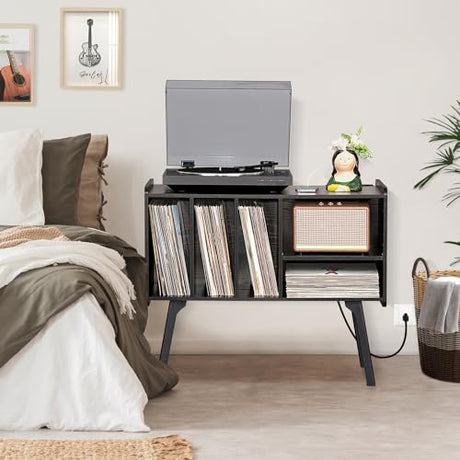 Lerliuo Record Player Stand with Charging Station Holds Up to 220 Albums, Large Turntable Stand with 4 Cabinet, Mid-Century Record Player Table,Black Vinyl Holder Storage Shelf for Bedroom Living Room Lerliuo