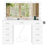 Quimoo Vanity Desk with Large Lighted Mirror and Power Outlet, 46" Makeup Vanity with 9 Drawers and Glass Desktop, Vanity Table with 12 LED Lights, 3 Lighting Color Adjustable (White) Quimoo