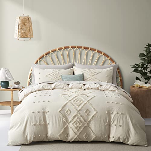 Oli Anderson Tufted Duvet Cover Queen Size, Soft and Lightweight Duvet Covers Set for All Seasons, 3 Pieces Boho Embroidery Shabby Chic Bedding Set (Beige, Queen, 90" x 90") Oli Anderson