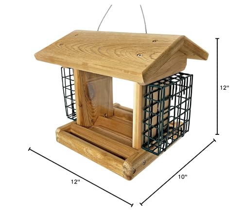 DutchCrafters Large Cedar Wood Hopper Bird Feeder with Suet Cages, Wooden Outdoor Feeder for Birds, Hanging Mount - Amish Made in USA DutchCrafters