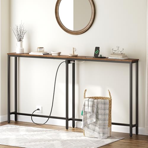 YATINEY Narrow Console Table, 70.9" Behind Couch Table Skinny, Small Entryway Table with Power Outlets, Modern Hallway Table for Living Room, Entryway, Rustic Brown and Black CT15UBR YATINEY