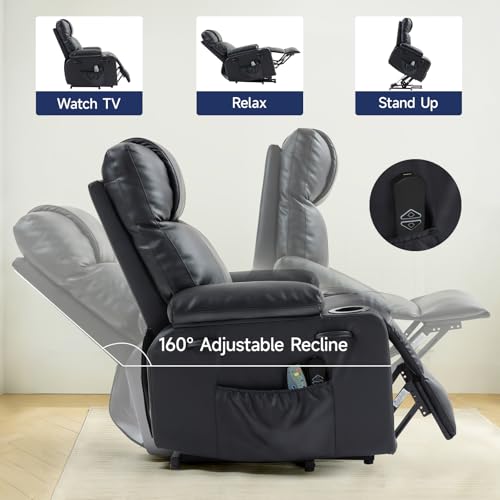 Brage Living Power Lift Recliner Chair for Elderly with Massage & Heat, PU Leather Electric Recliner with USB Charge Port, 160° Adjustable Recline, Stand Assist, Remote Control, Cup Holders (Black)