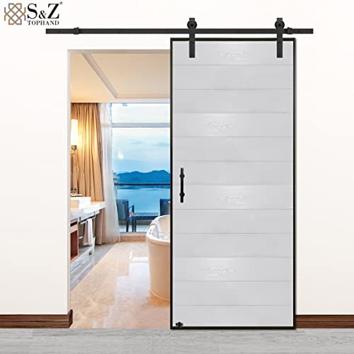 S&Z TOPHAND® 36 in x 84 in. PVC Barn Door, White Wood Texture, 20-42in Stainless Steel Frame Modern Style Barn Door/Sliding Door, Simple Assembly is Required - WoodArtSupply