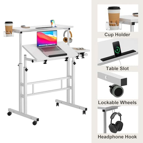 SogesHome 31.5 inch Mobile Standing Desk Adjustable Computer Desk Rolling Laptop Cart Portable Laptop Stand on Wheels Home Office Workstation with Cup Holder,Headphone Holder, Upgrade White SogesHome
