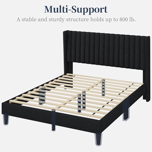 Yaheetech Queen Bed Frame Upholstered Platform Bed with Fabric Headboard, Wing Edge Design/Non-Slip and Noise-Free/Wooden Slats Support/No Box Spring Needed/Easy Assembly, Black Queen Bed Yaheetech