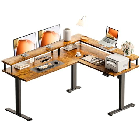 AODK Electric L Shaped Standing Desk, 59 Inch Height Adjustable Stand Up Desk with Power Outlets ＆ Full Monitor Stand, Reversible Corner Desk for Home Office ＆ Computer Workstation, Rustic Brown AODK