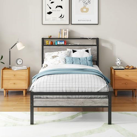 BOFENG Twin Bed Frame with Wood Storage Headboard/USB Charging Station,Heavy Duty Metal Single Platform Bed Frames No Box Spring Needed,Heavy Duty Metal Slats,Noise Free,Greige BOFENG