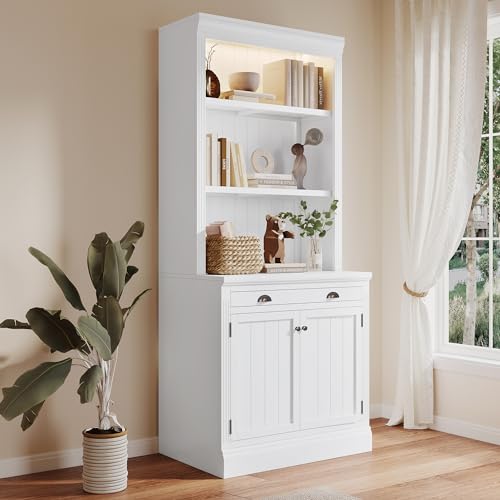 Modern White Wood Bookcase with LED Light, 3 Open Shelves, 1 Drawer, and 2 Doors by HABITRIO - WoodArtSupply