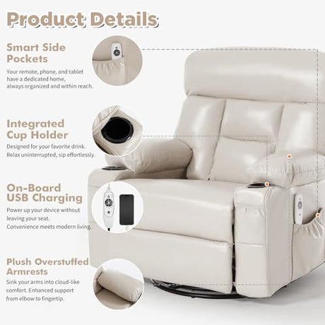 Comermax Rocking Recliner with Heat and Massage, Wide Seat Heated Massaging Reclining Chair for Home Theater, Faux Leather Manual Swivel Rocker Recliner Chair with Cup Holder for Adult, Beige Comermax