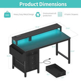 Lufeiya Gaming Desk with LED Lights and Power Outlets, 47 inch Computer Desk with Fabric Drawers, Reversible Home Office Desk with Monitor Stand, Black Lufeiya