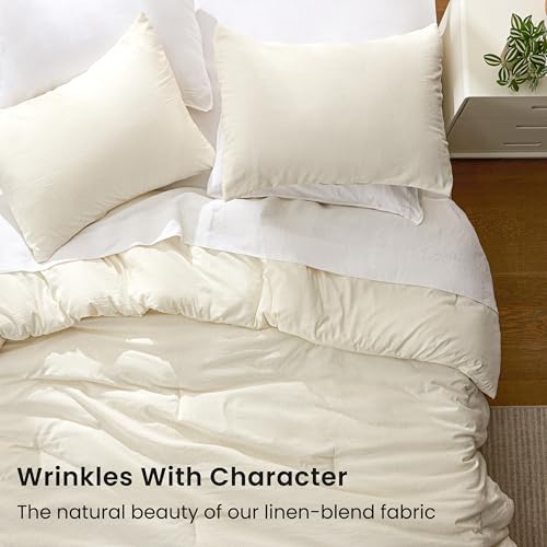 Love's cabin Queen Comforter Set Beige, 3-Piece 90% Polyester 10% Linen Blend Bedding Set, Linen-Look Textured Stripe, Down Alternative All-Season Comforter with Pillow Shams Love's cabin