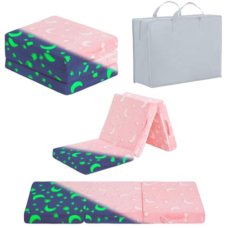Givjoy Foldable Floor Mattress for Kids, Glow in The Dark Pink Moon Toddler Washable Tri Folding Floor Mat for Nap Daycare, Child Trifold Futon Sofa Bed with Storage Bag for Playroom Girls and Boys Givjoy