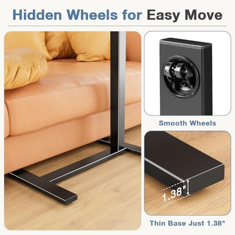 DUMOS Overbed Bedside Table Adjustable with Wheels, Mobile Standing Stand Up Rolling Laptop PC Desks with Tilting Top Height Tray Sofa Side Computer Workstation for Bedroom on Hospital Home Use, Black DUMOS