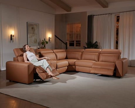 AMERLIFE Power Recliner Sectional Sofa with Storage/USB Port, Leather Recliner Sofa with Adjustable Headrest, Reclining Sectional Couches with Console and Cup Holder for Living Room (Brown, 5-Seater) AMERLIFE