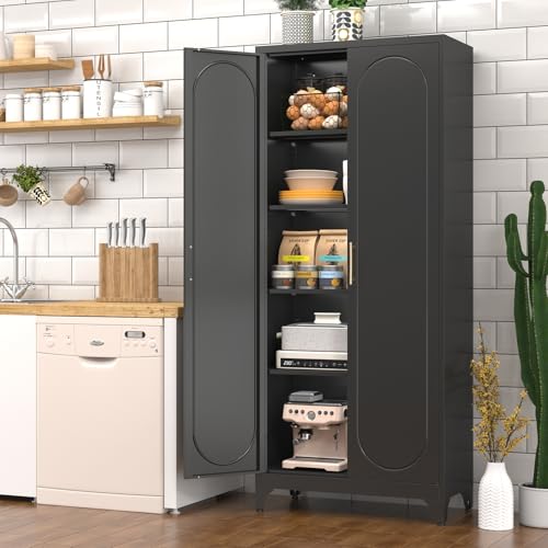 Polup Pantry Cabinet, 75 Inch Tall Kitchen Storage Cabinet, Metal Pantry Cabinets with Doors and Adjustable Shelves, Black Freestanding Food Cupboard for Living, Dinning Room-Assembly Required Polup
