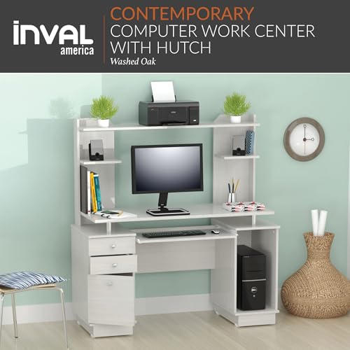 Inval America Computer Work Center with Hutch, Pull-Out Keyboard Tray, Drawers, Desk Workstation, 53.5"H x 48.62"W x 19.5"D, Washed Oak Inval