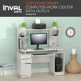 Inval America Computer Work Center with Hutch, Pull-Out Keyboard Tray, Drawers, Desk Workstation, 53.5"H x 48.62"W x 19.5"D, Washed Oak Inval