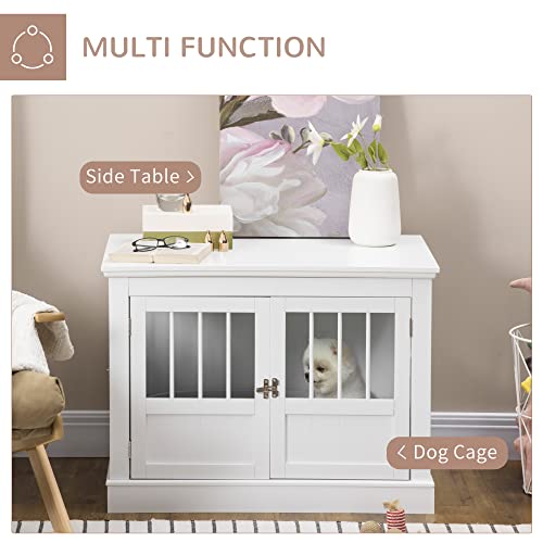 PawHut Dog Crate End Table with Triple Doors, Wooden Dog Crate Furniture Indoor Use, Puppy Crate with and Steel Tubes, for Small Dogs, White PawHut