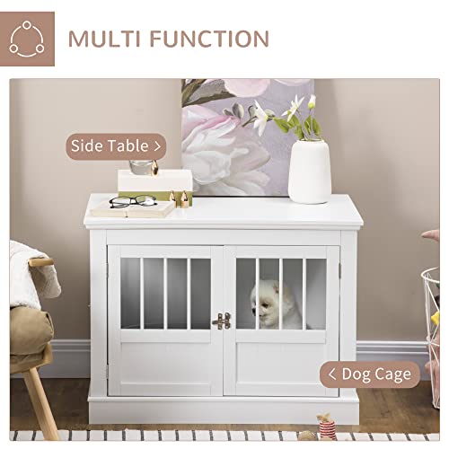 PawHut Dog Crate End Table with Triple Doors, Wooden Dog Crate Furniture Indoor Use, Puppy Crate with and Steel Tubes, for Small Dogs, White - WoodArtSupply