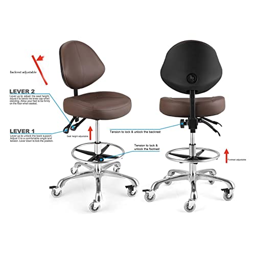 McDooFly Rolling Drafting Chair with Back Support - Tall Office Chair for Standing Desk Adjustable Foot Ring Swivel Rolling Stools for Workshop Art Studio Salon Shop Counter Home Office (Brown) McDooFly