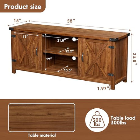 YESHOMY Modern Farmhouse TV Stand with Two Barn Doors and Storage Cabinets for Televisions up to 65+ Inch,Entertainment Center Console Table,Media Furniture for Living Room,58 Inch, Walnut,YH-TS103DWA YESHOMY