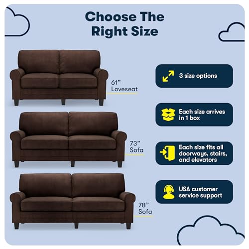 Serta Copenhagen Rolled Arm Sofa, Easy Care Polyester, Soft Pillow Back, Pocket Coil Seat Cushions, Removable Covers, Couch for Small Spaces, Living Rooms or Bedrooms, 61" Loveseat, Brown Serta