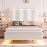 HIFIT 2 Set Upholstered Twin Size LED Bed Frame with Charging Station, Adjustable Crystal-Tufted Puffs Headboard, Velvet Girls Floating Twin Platform Bed Frames for Kids with Under Bed Lights, Beige HIFIT