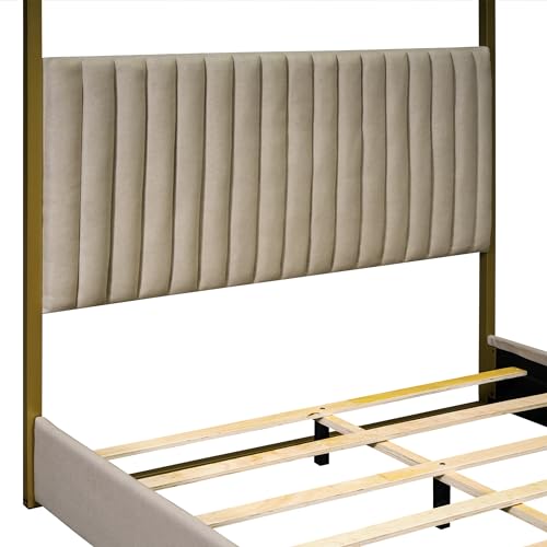 CABSETT Queen Size Upholstery Platform Bed with Wood Slat Support, Linen Canopy Bed with Headboard and Metal Frame, No Box Spring Needed, Beige