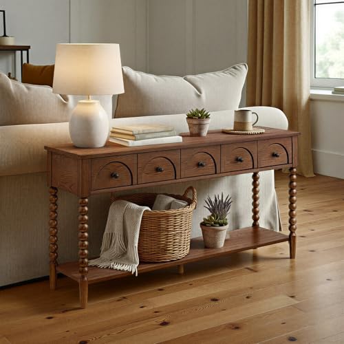 SAND STONE HOME Pembroke 58” Cottage Sofa Console Table with Drawers & Lower Shelf Storage, Narrow Entryway Table or Dining Server with Levelers | Cocoa Brown SAND STONE HOME
