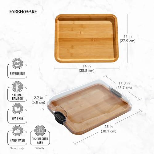 FARBERWARE Build-A-Board Bamboo Cutting Board with Clear Locking Lid and Black Handles, Perfect for Charcuterie, Snacks, and More - Make it. Take it. Enjoy it, 11x14 Inch, Single Compartment - WoodArtSupply