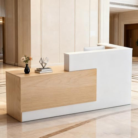 L-Shaped Large Wooden Reception Desk, Modern Front Desk Reception Counter with Lockable Drawers & Storage & Keyboard Tray, for Checkout, Lobby (Right-Natural Wood/White, 71''L x 42''W x 41''H) Yorkgargen