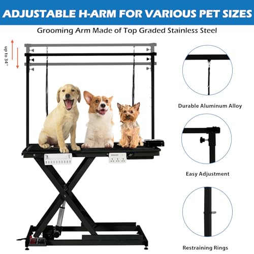 50'' Electric Dog Grooming Table, Heavy Duty, Height Adjustable Pet Grooming Table with Sockets w/Leveling Wheels, Grooming Arm, Anti Slip Tabletop & Tool Organizer, for All Pets Black