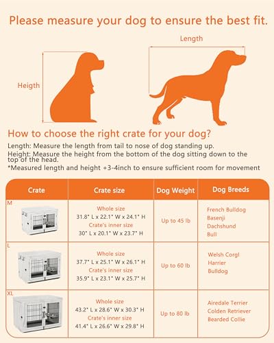 Piskyet Wooden Dog Crate Furniture with 360°Rotatable Removable Dog Bowls, Dog Crate End Table with Tray, Double Doors Dog Kennels for Dogs(XL:43.2" L*28.6" W*30.3" H, Marble White) Piskyet