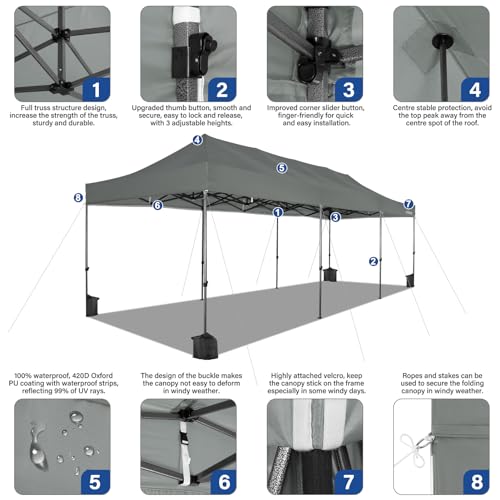 Tooluck 10x30 Pop up Heavy Duty Canopy with 8 sidewalls, Waterproof Commercial Pop up Party Tent Canopy,Outdoor Tents for Wedding Parties, 3 heigh Adjustable Gazebo with Wheeled Bag,Grey - WoodArtSupply