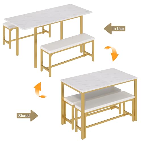 VECELO 3-Piece 63" Extendable Kitchen Table with Benches/Chairs, Modern Breakfast Dinette/Dining Room Set for 4/6/2, Small Space Saving Design, Easy Assembly VECELO