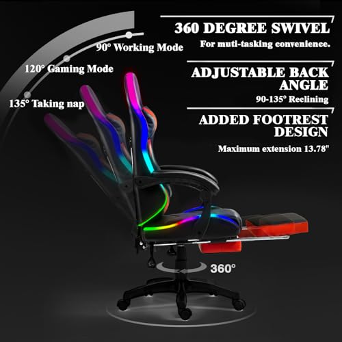 Czlolo Gaming Chair, Racing Style RGB LED Lights Gaming Chairs for Adults and Kids, Lumbar Massager Gamer Chair, High Back Reclining Computer Chair with Footrest and Headrest (Black/Red) Czlolo