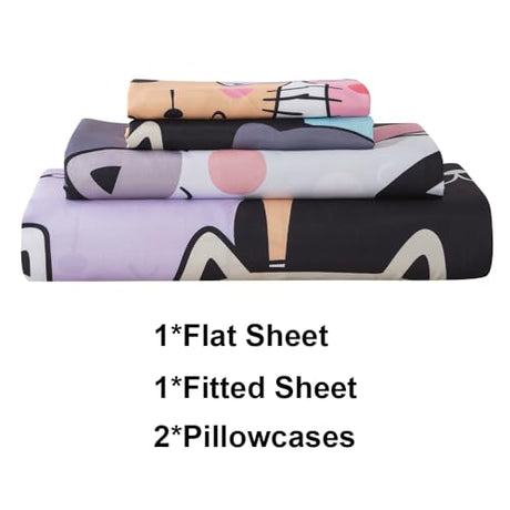 ADASMILE A & S Kids Cat Sheets Full Size for Girls Kawaii Cat Bedding Sets Including 1 Fitted Sheet 1 Flat Sheet 2 Pillowcases Kitten Animals Printed Bed Set Soft Microfiber All Season Home Decor ADASMILE A & S